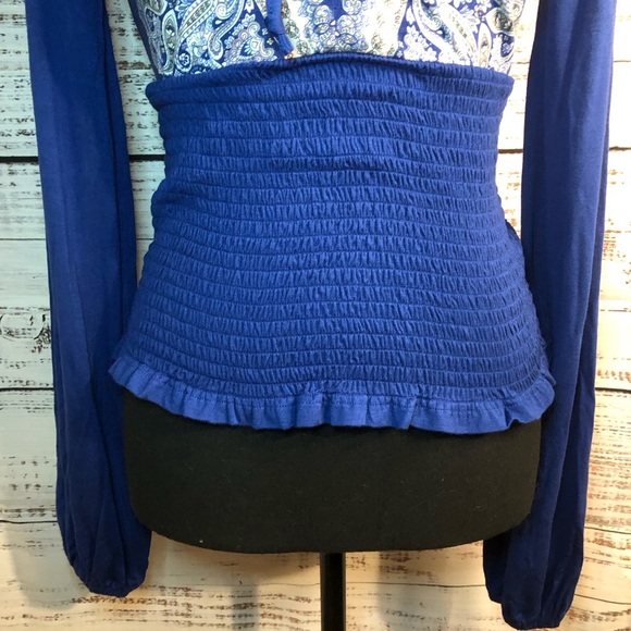 Blue Long Sleeve Blouse with Tie Front Ruffles and Smocked Waist - Picture 3 of 11